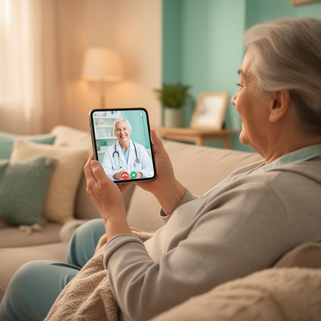 Paciente em casa, em consulta por vídeo com a médica